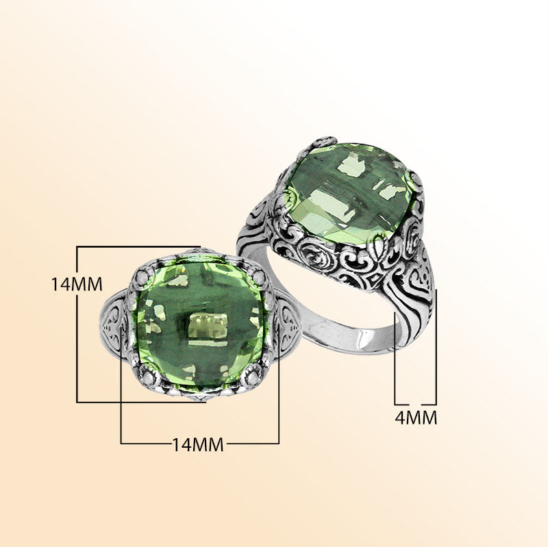 Sterling Silver Handcrafted Green Amethyst Quartz Ornate Statement Ring