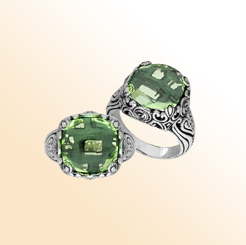 Sterling Silver Handcrafted Green Amethyst Quartz Ornate Statement Ring