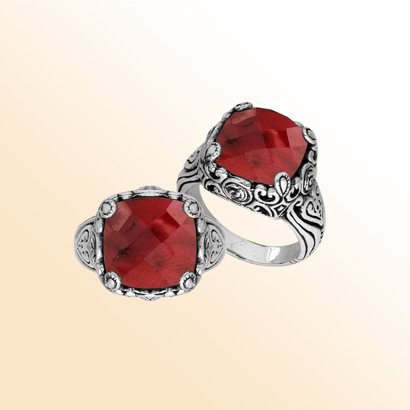 Handcrafted Sterling Silver Cushion Shape Ruby Ring in Balinese design