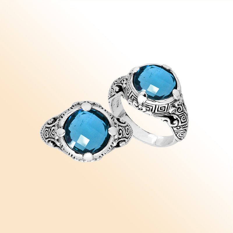 Sterling Silver vintage-inspired Blue Topaz Quartz ring with elegant Balinese handcrafted detailing.