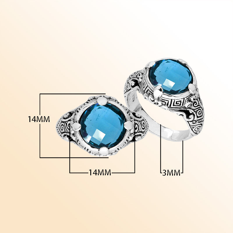 Sterling Silver vintage-inspired Blue Topaz Quartz ring with elegant Balinese handcrafted detailing.