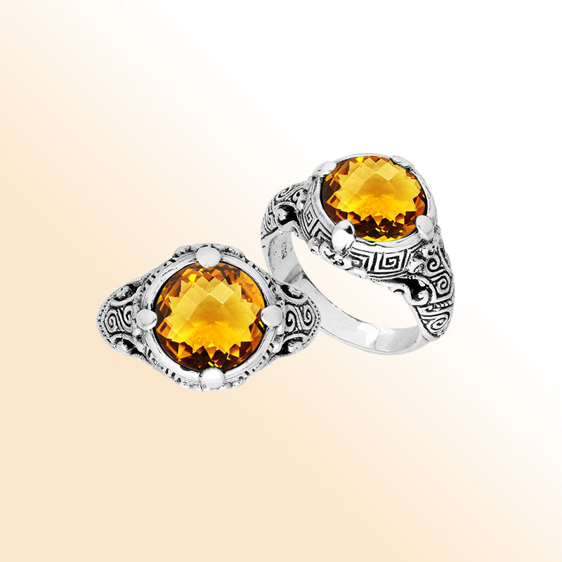 Sterling Silver vintage-inspired Citrine Quartz ring with elegant Balinese handcrafted detailing.