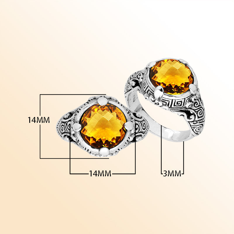 Sterling Silver vintage-inspired Citrine Quartz ring with elegant Balinese handcrafted detailing.
