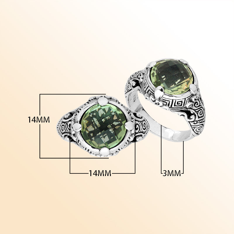 Sterling Silver vintage-inspired Green Amethyst Quartz ring with elegant Balinese handcrafted detailing.