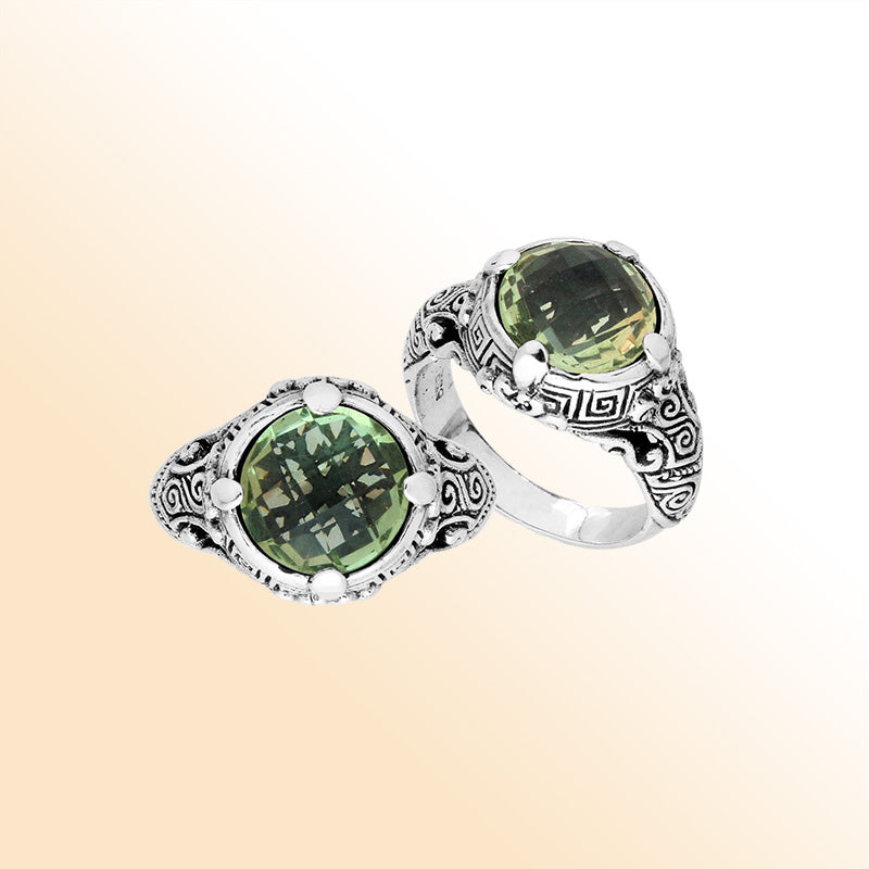 Sterling Silver vintage-inspired Green Amethyst Quartz ring with elegant Balinese handcrafted detailing.