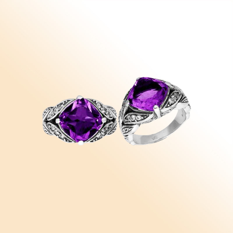 Elegant Sterling Silver Balinese Design Ring With Amethyst Quartz And Cubic Zirconia Stones