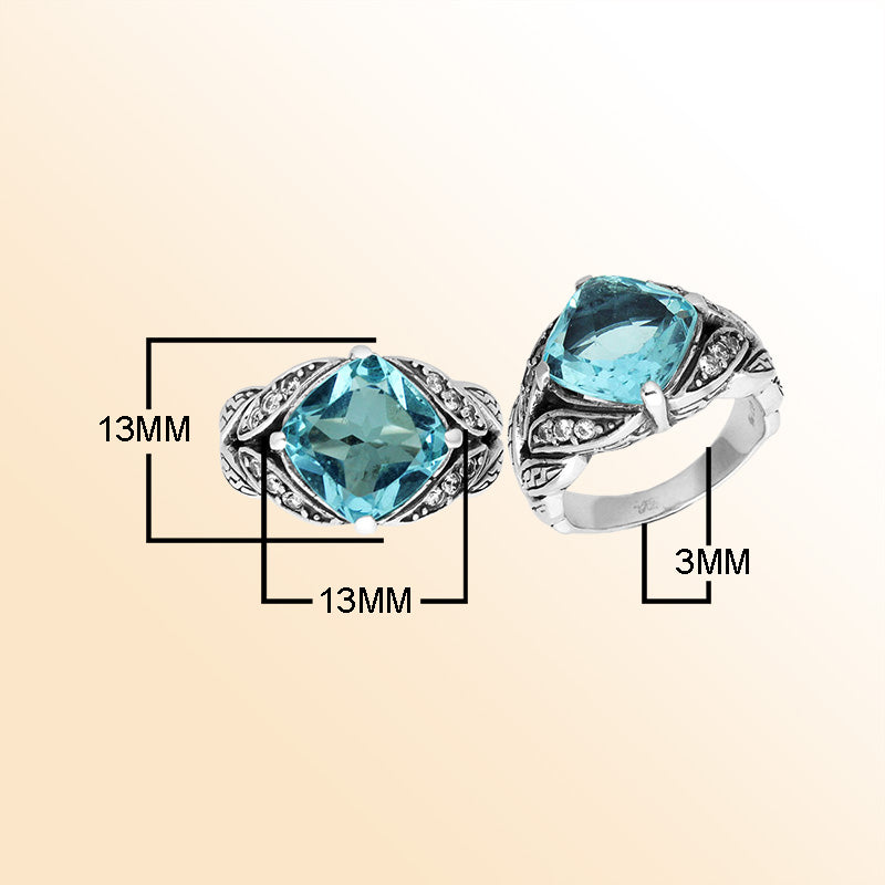 Elegant Sterling Silver Balinese Design Ring With Blue Topaz Quartz And Cubic Zirconia Stones
