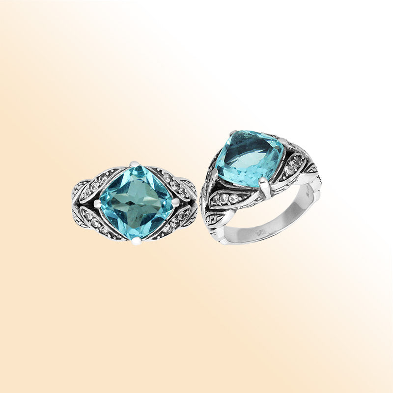 Elegant Sterling Silver Balinese Design Ring With Blue Topaz Quartz And Cubic Zirconia Stones