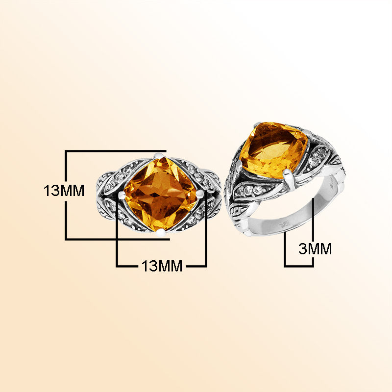 Elegant Sterling Silver Balinese Design Ring With Citrine Quartz And Cubic Zirconia Stones
