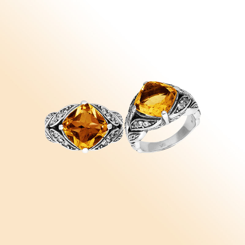 Elegant Sterling Silver Balinese Design Ring With Citrine Quartz And Cubic Zirconia Stones