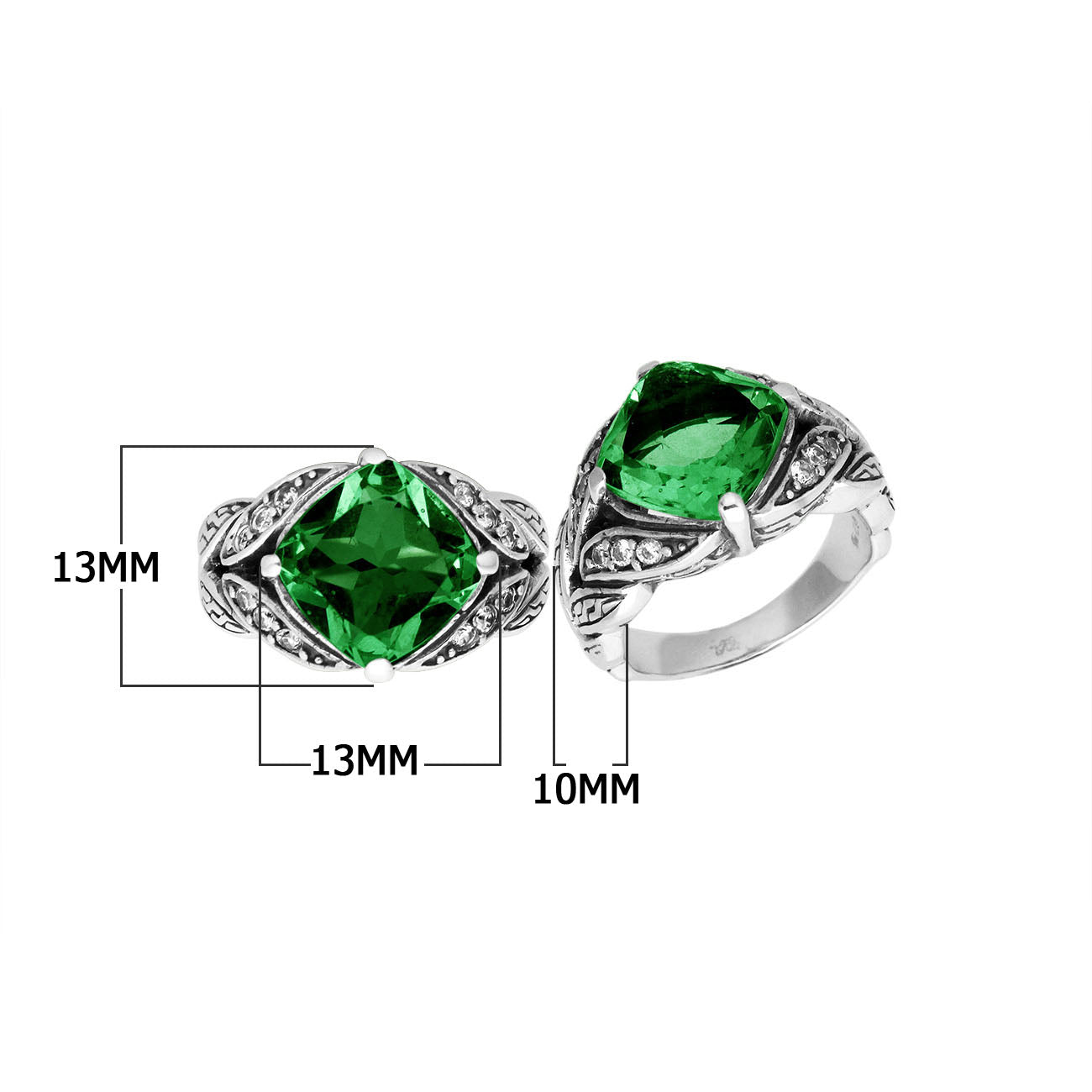 Elegant Sterling Silver Balinese Design Ring With Green Quartz And Cubic Zirconia Stones
