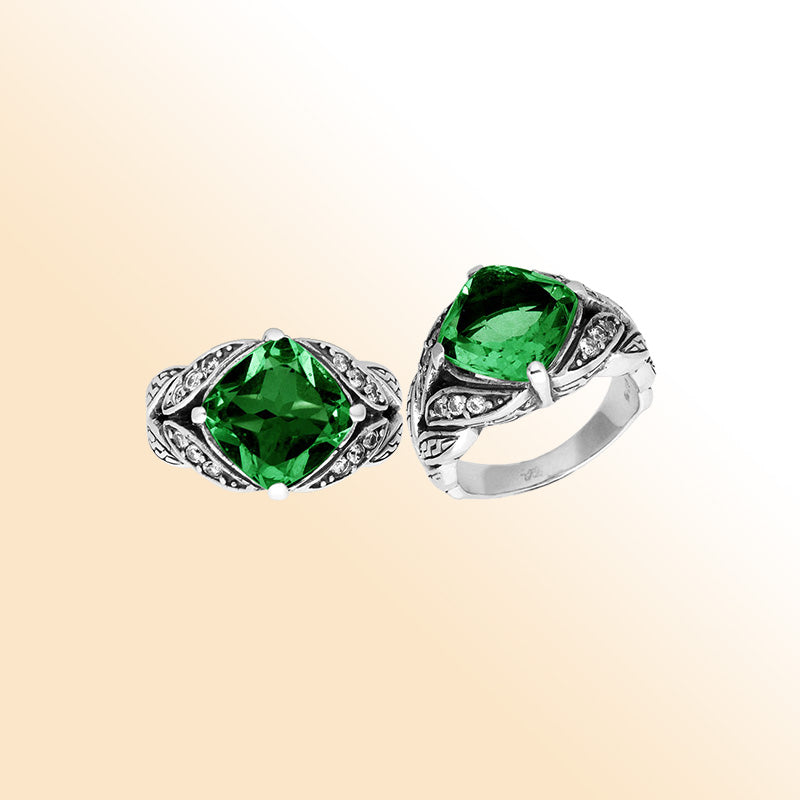 Elegant Sterling Silver Balinese Design Ring With Green Quartz And Cubic Zirconia Stones