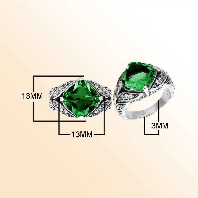 Elegant Sterling Silver Balinese Design Ring With Green Quartz And Cubic Zirconia Stones