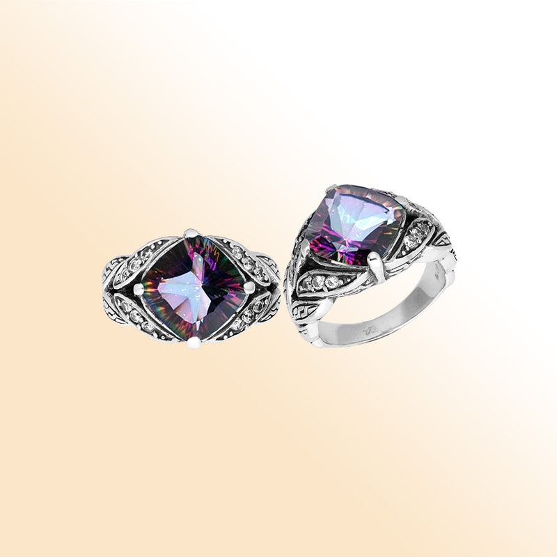 Elegant Sterling Silver Balinese Design Ring With Mystic Quartz And Cubic Zirconia Stones