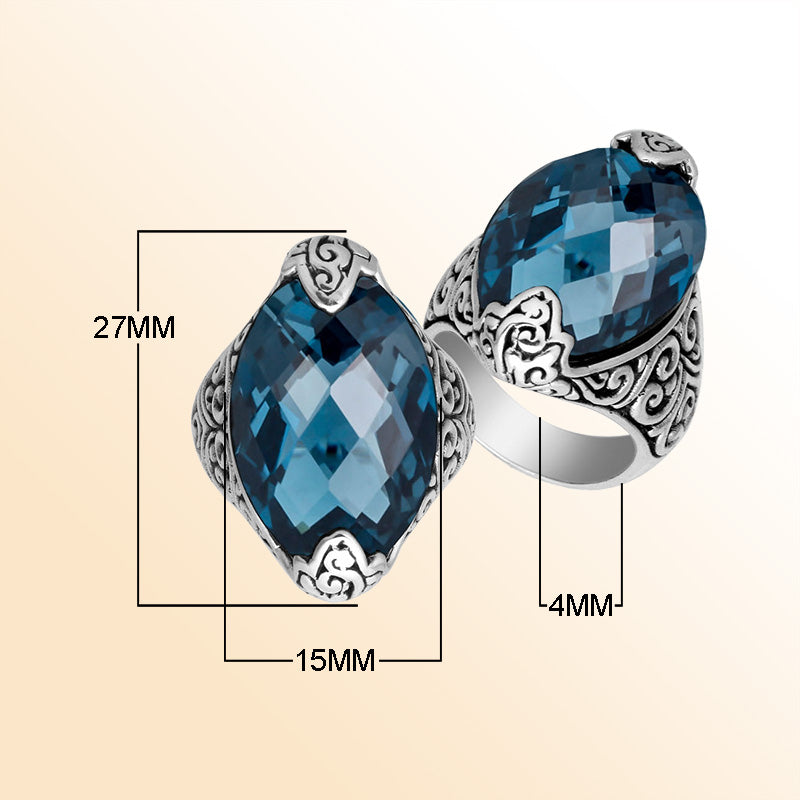 Elegant Sterling Silver Marquise Shape Ring With London Blue Topaz Quartz In Balinese Design