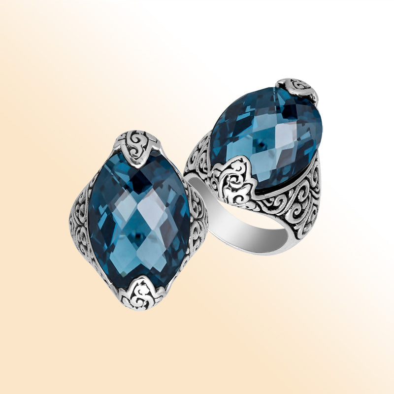 Elegant Sterling Silver Marquise Shape Ring With London Blue Topaz Quartz In Balinese Design