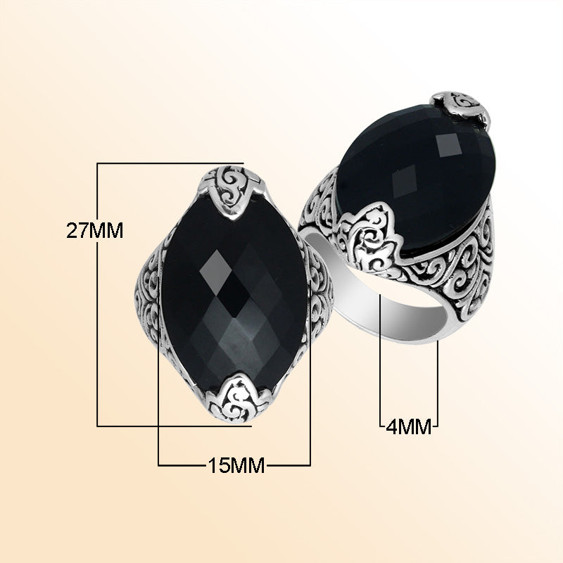 Elegant Sterling Silver Marquise Shape Ring With Black Onyx In Balinese Design
