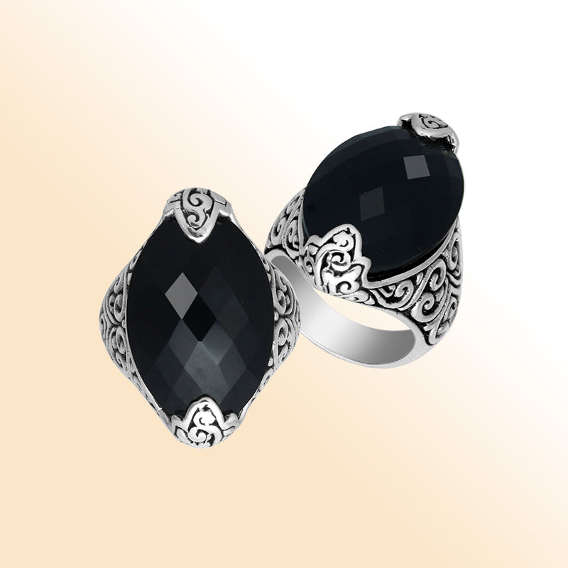 Elegant Sterling Silver Marquise Shape Ring With Black Onyx In Balinese Design