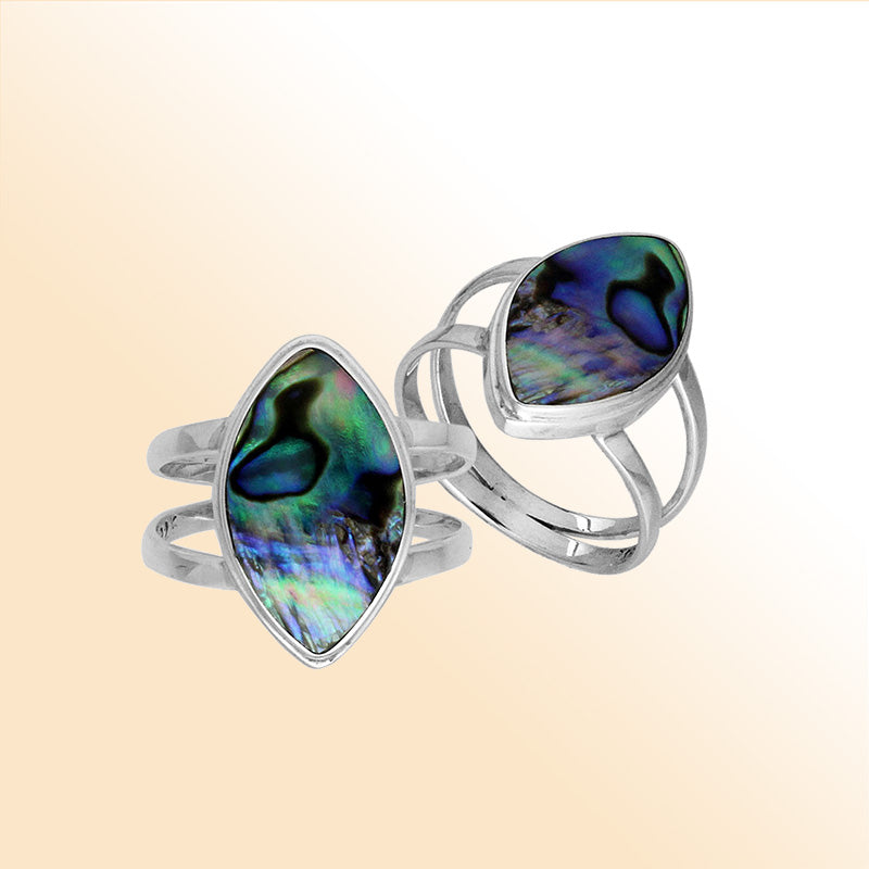 Elegant Sterling Silver Marquise Shape Ring With Abalone Shell In Balinese Design