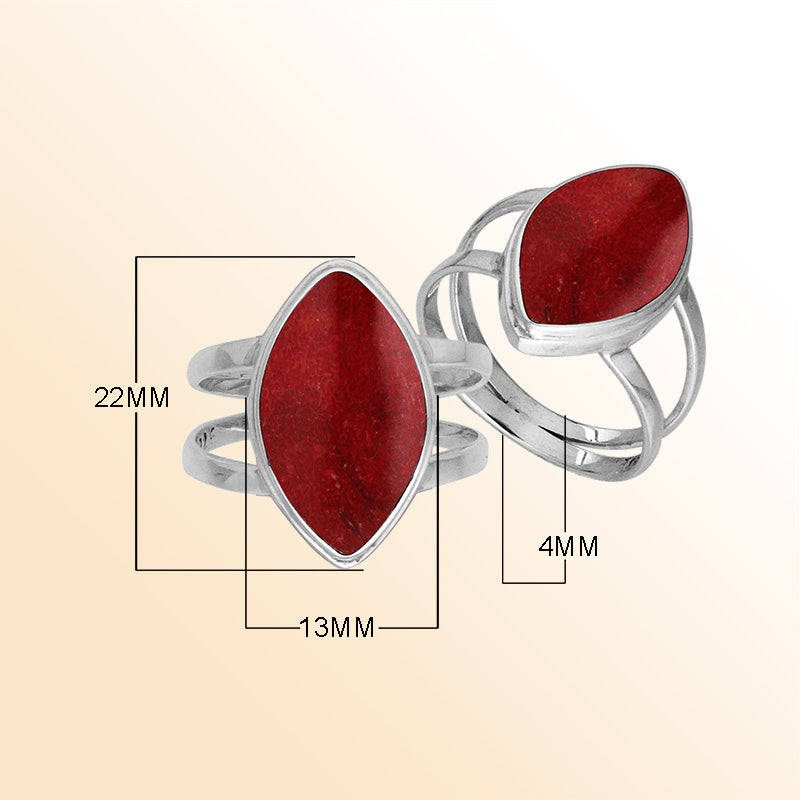Elegant Sterling Silver Marquise Shape Ring With Red Coral In Balinese Design