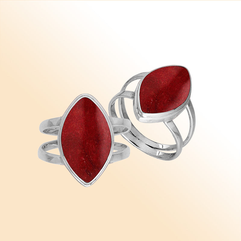 Elegant Sterling Silver Marquise Shape Ring With Red Coral In Balinese Design