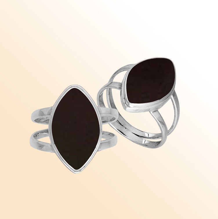 Elegant Sterling Silver Marquise Shape Ring With Black Shell In Balinese Design