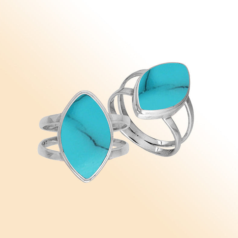 Elegant Sterling Silver Marquise Shape Ring With Turquoise Shell In Balinese Design