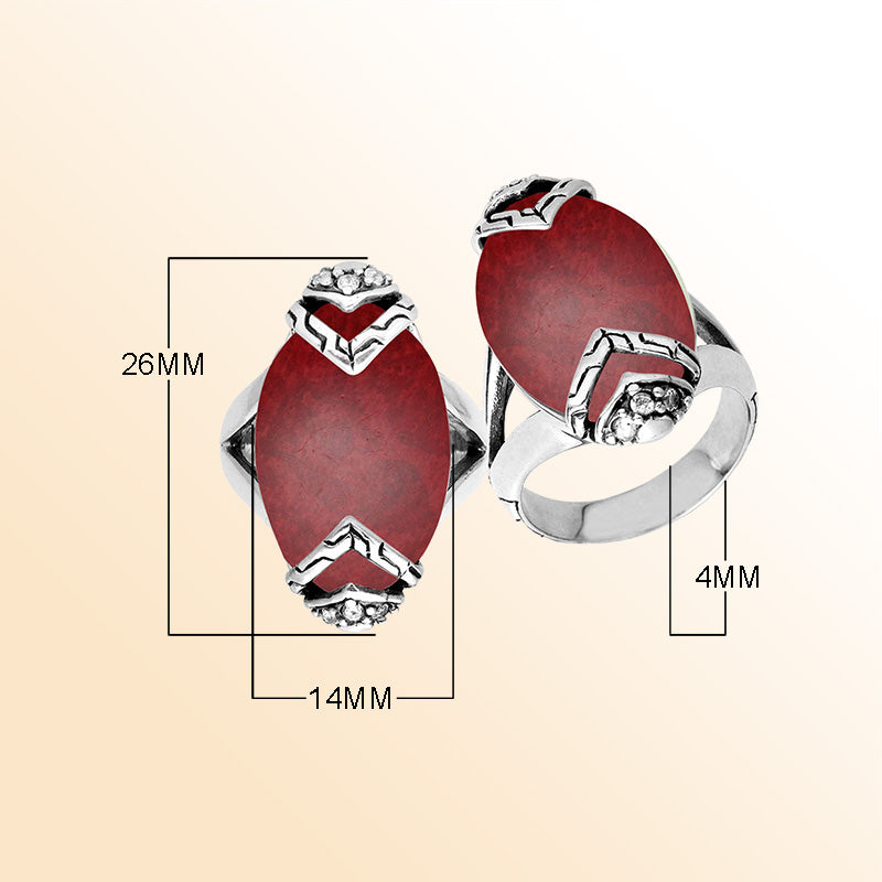 Elegant Sterling Silver Marquise Shape Ring With Red Coral And Cubic Zirconia In Balinese Design