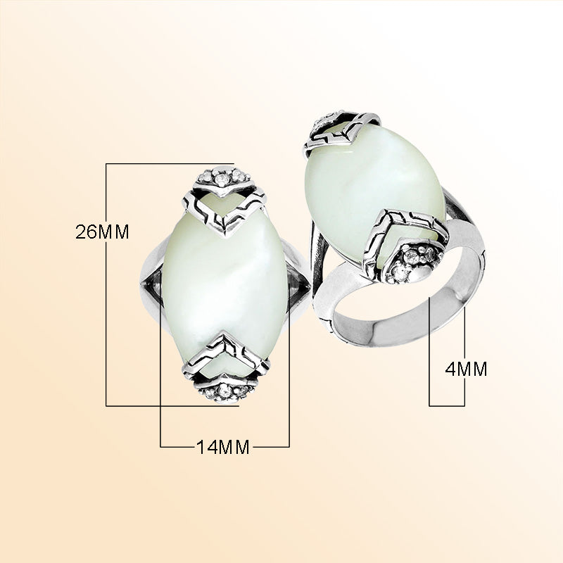 Elegant Sterling Silver Marquise Shape Ring With Mother Of Pearl And Cubic Zirconia In Balinese Design