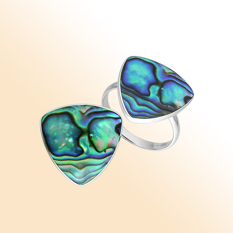 Elegant Sterling Silver Triangle Shape Ring With Abalone Shell In Balinese Design