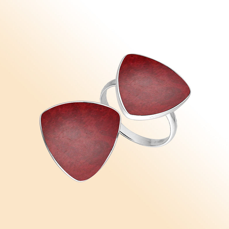 Elegant Sterling Silver Triangle Shape Ring With Red Coral In Balinese Design