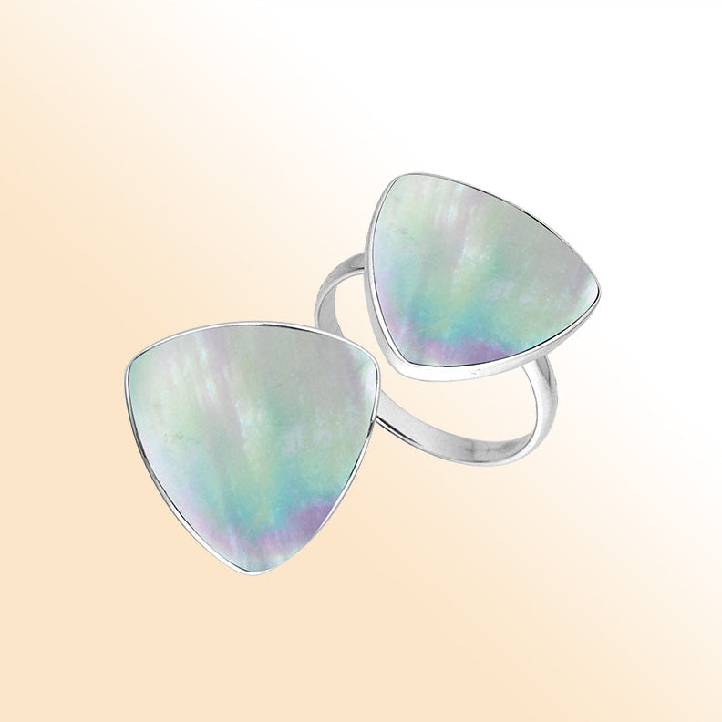 Elegant Sterling Silver Triangle Shape Ring With Mother Of Pearl In Balinese Design