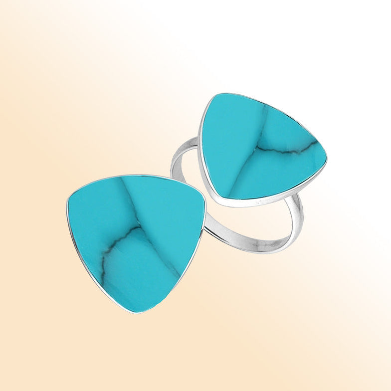 Elegant Sterling Silver Triangle Shape Ring With Turquoise Shell In Balinese Design