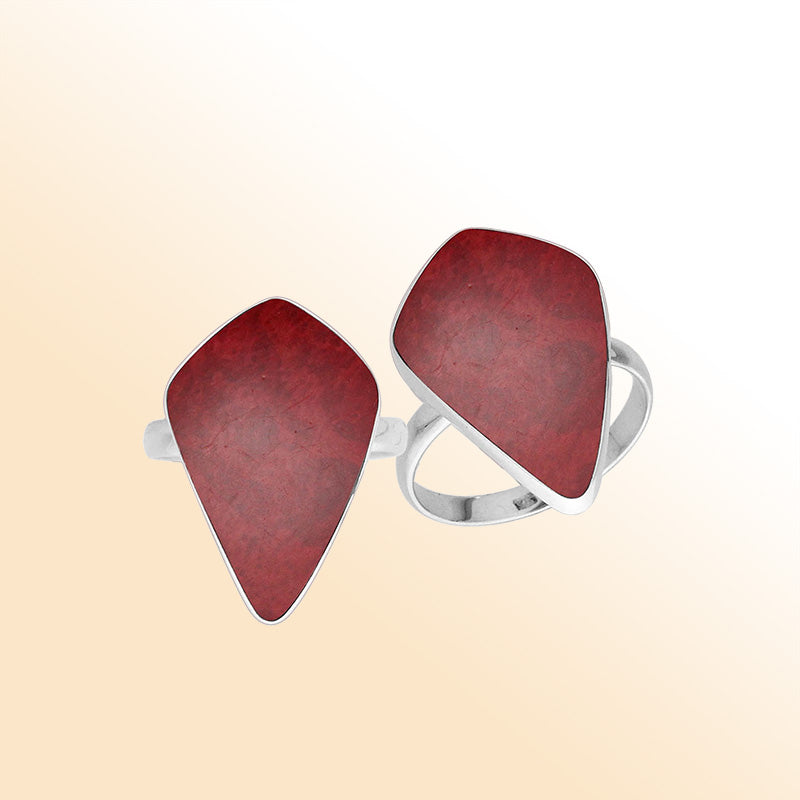 Sterling Silver Elongated Abstract Statement Ring With Red Coral