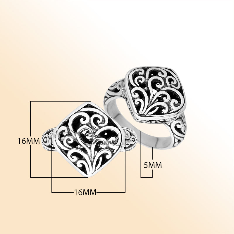 Sterling Silver Square Balinese Oxidized Filigree Statement Ring