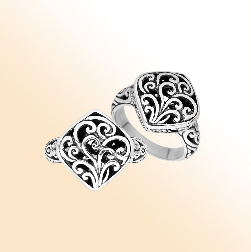 Sterling Silver Square Balinese Oxidized Filigree Statement Ring