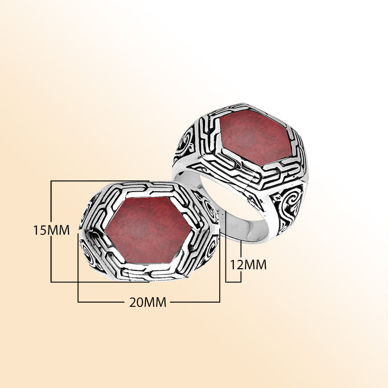 Sterling Silver Hexagon Tribal Statement Ring With Red Coral
