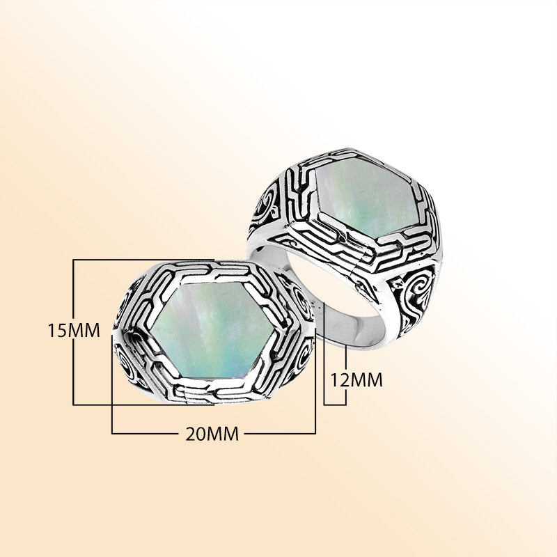Sterling Silver Hexagon Tribal Statement Ring With Mother Of Pearl