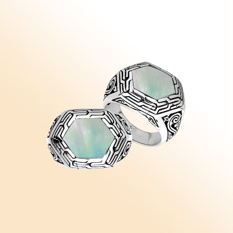 Sterling Silver Hexagon Tribal Statement Ring With Mother Of Pearl