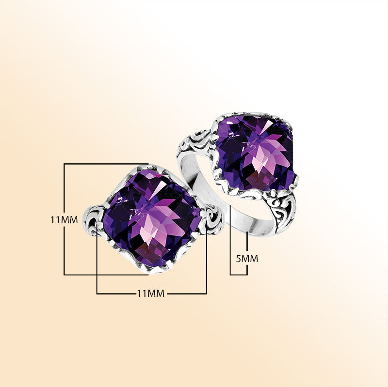 Sterling Silver Cushion Shape Balinese Statement Ring With Amethyst Quartz