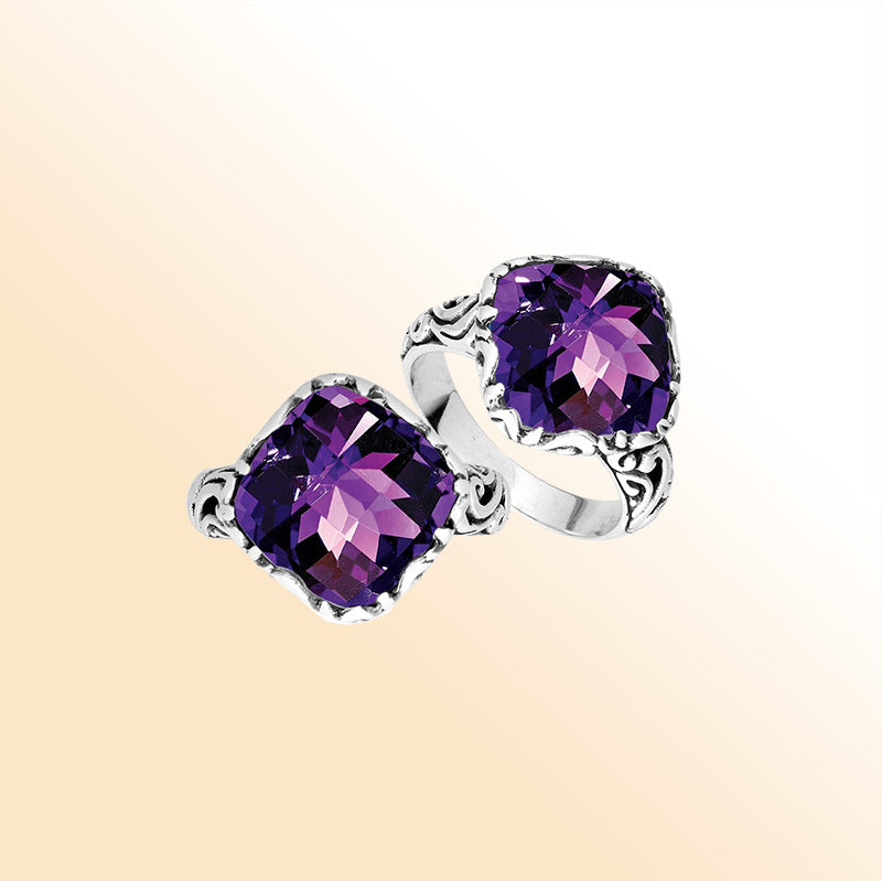 Sterling Silver Cushion Shape Balinese Statement Ring With Amethyst Quartz
