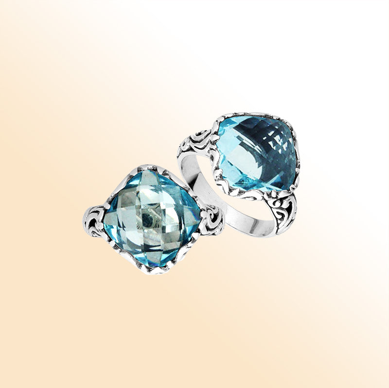 Sterling Silver Cushion Shape Balinese Statement Ring With Blue Topaz Quartz