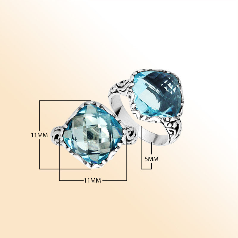 Sterling Silver Cushion Shape Balinese Statement Ring With Blue Topaz Quartz