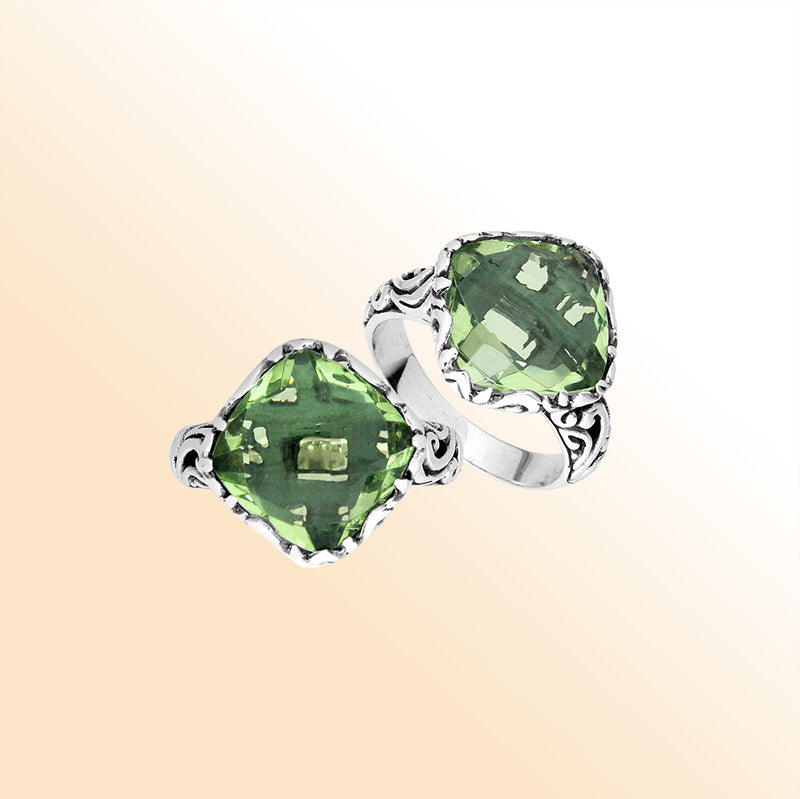 Sterling Silver Cushion Shape Balinese Statement Ring With Green Amethyst Quartz