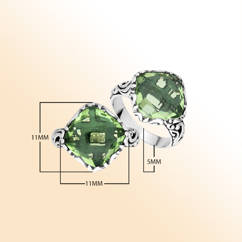 Sterling Silver Cushion Shape Balinese Statement Ring With Green Amethyst Quartz