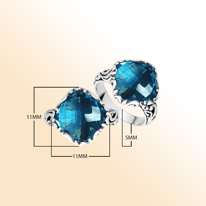Sterling Silver Cushion Shape Balinese Statement Ring With London Blue Topaz Quartz