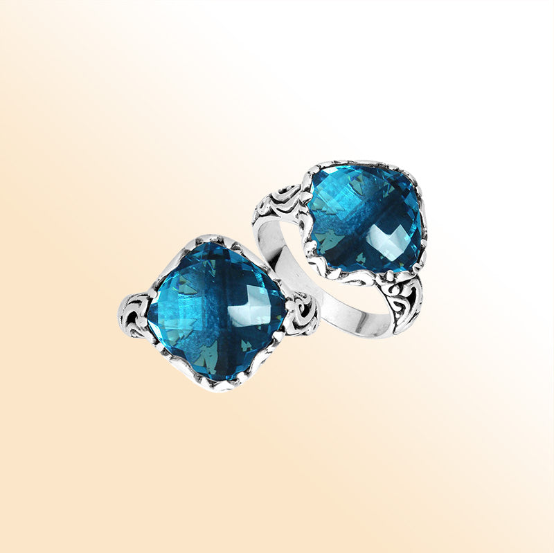 Sterling Silver Cushion Shape Balinese Statement Ring With London Blue Topaz Quartz