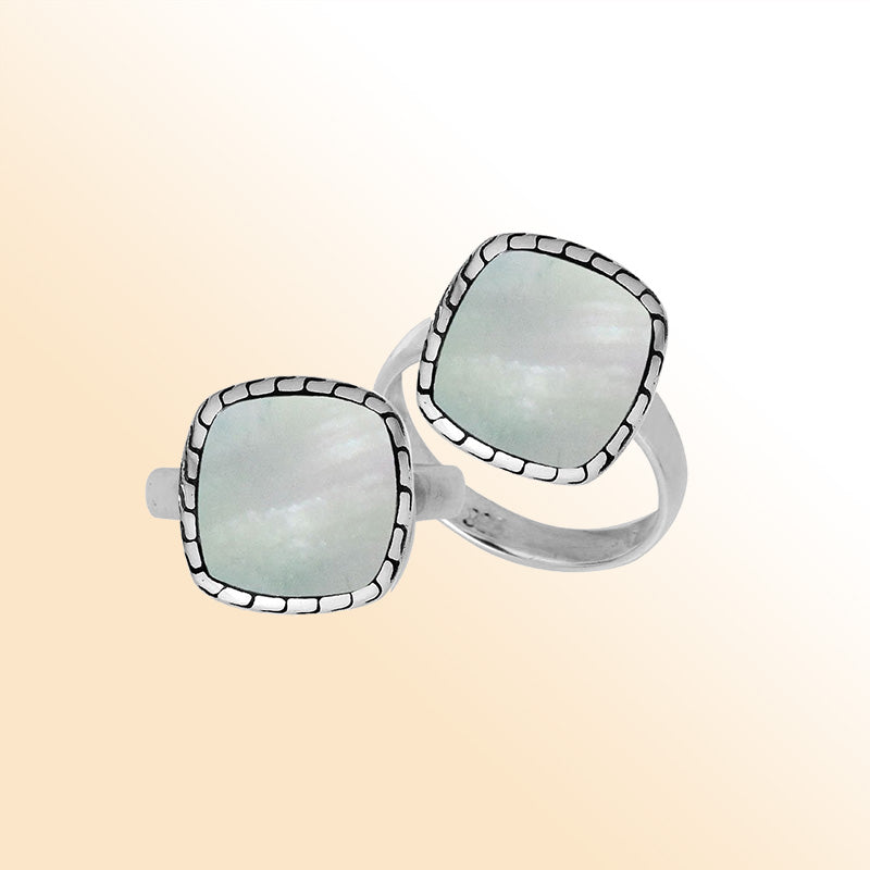 Sterling Silver Cushion Shape Textured Statement Ring With Mother Of Pearl