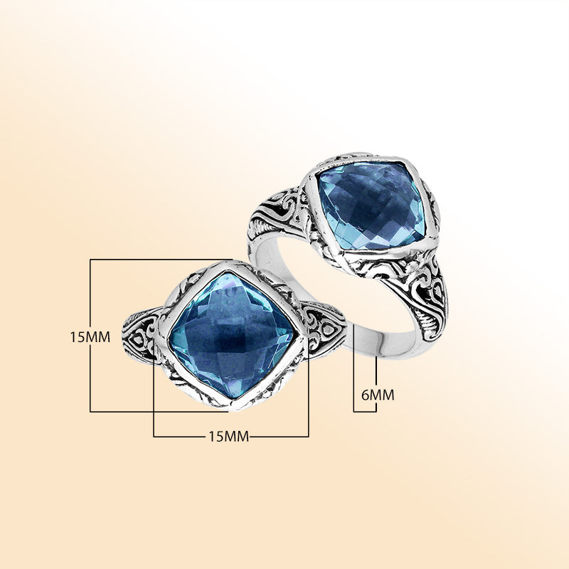 Sterling Silver Blue Topaz Quartz Cushion Statement Ring With Balinese Motif