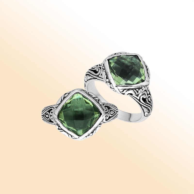 Sterling Silver Green Amethyst Quartz Cushion Statement Ring With Balinese Motif